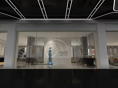 Modern Exhibition Hall Interior With Blue Sculpture Circular Decoration And Ceiling Line Lights 3d model