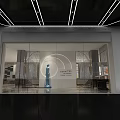 Modern Exhibition Hall Interior With Blue Sculpture Circular Decoration And Ceiling Line Lights