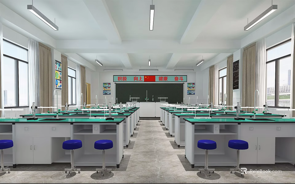 School Science Laboratory Interior With Neat Lab Tables Blue Stools And Blackboard 3d model 