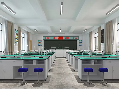 School Science Laboratory Interior With Neat Lab Tables Blue Stools And Blackboard 3d model