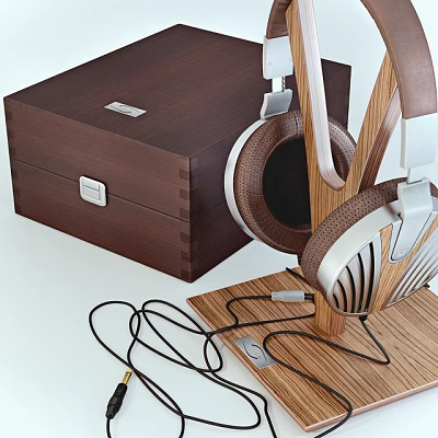Premium Wooden Headphones With Silver Accents And Storage Box On Stand 3d model