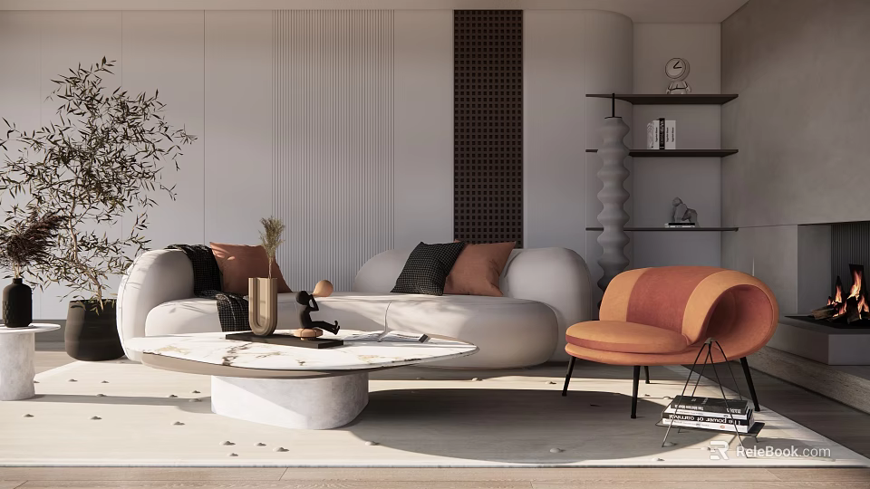 Modern Sofa And Coffee Table Set With Round Marble Top Orange Accent Chair And Decorative Pillows 3d model 