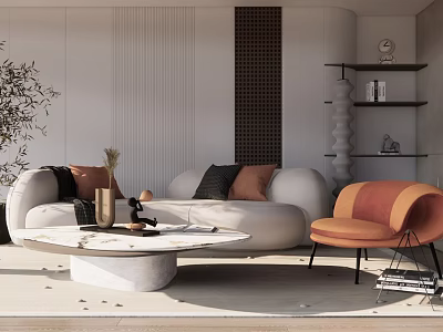 Modern Sofa And Coffee Table Set With Round Marble Top Orange Accent Chair And Decorative Pillows 3d model