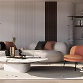 Modern Sofa And Coffee Table Set With Round Marble Top Orange Accent Chair And Decorative Pillows