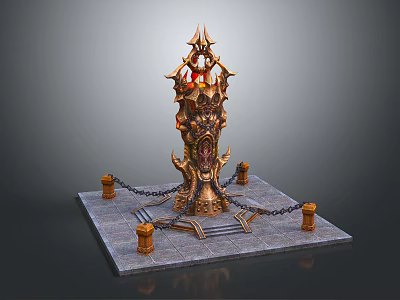 Ornate Tower Like Structure With Flame Decorations And Chain Linked Pillars On Stone Platform 3d model