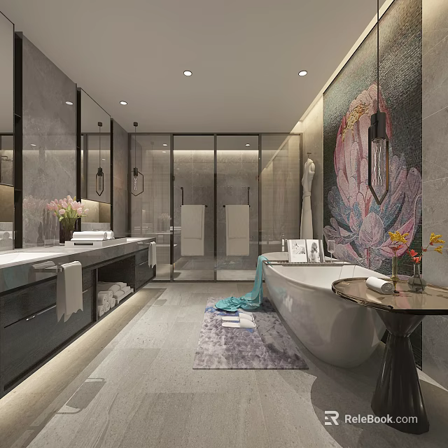 Modern Luxury Marble Bathroom With Freestanding Bathtub Double Sink And Beautiful Floral Mosaic Wall Decor 3d model 