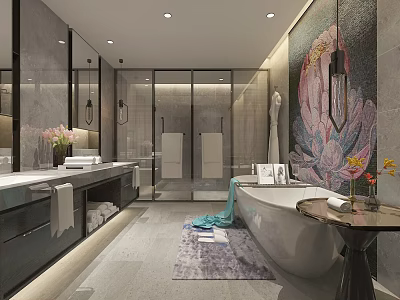 Modern Luxury Marble Bathroom With Freestanding Bathtub Double Sink And Beautiful Floral Mosaic Wall Decor 3d model