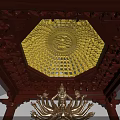 Traditional Ancient Architecture Featuring Red Wooden Structure Golden Caisson Ceiling And Intricate Carvings