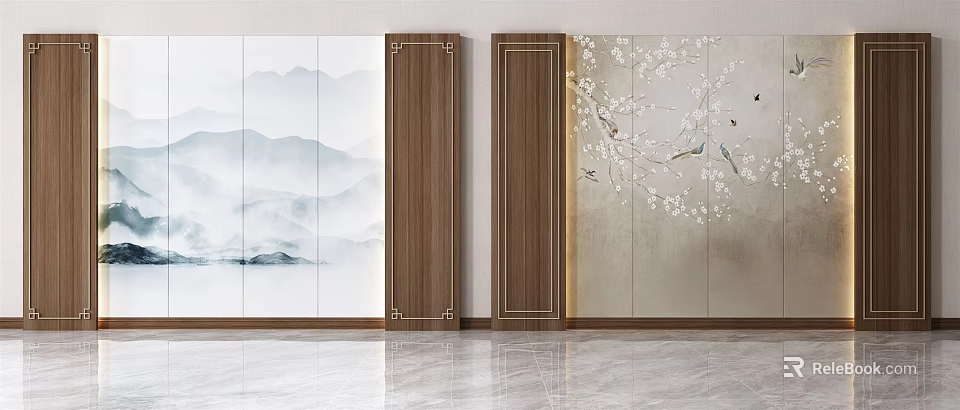 Traditional Chinese Wall Murals With Ink Landscape And Floral Birds 3d model 
