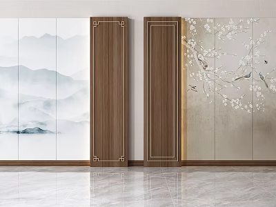 Traditional Chinese Wall Murals With Ink Landscape And Floral Birds 3d model