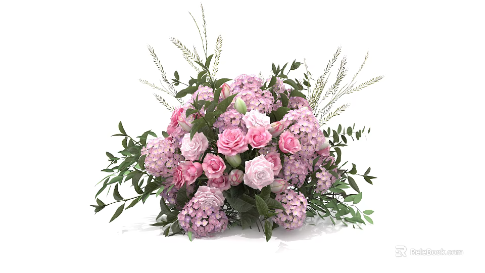 Floral Installation With Pink Lavender Roses Hydrangeas Green Leaves And Grasses 3d model 