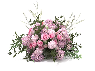 Floral Installation With Pink Lavender Roses Hydrangeas Green Leaves And Grasses 3d model