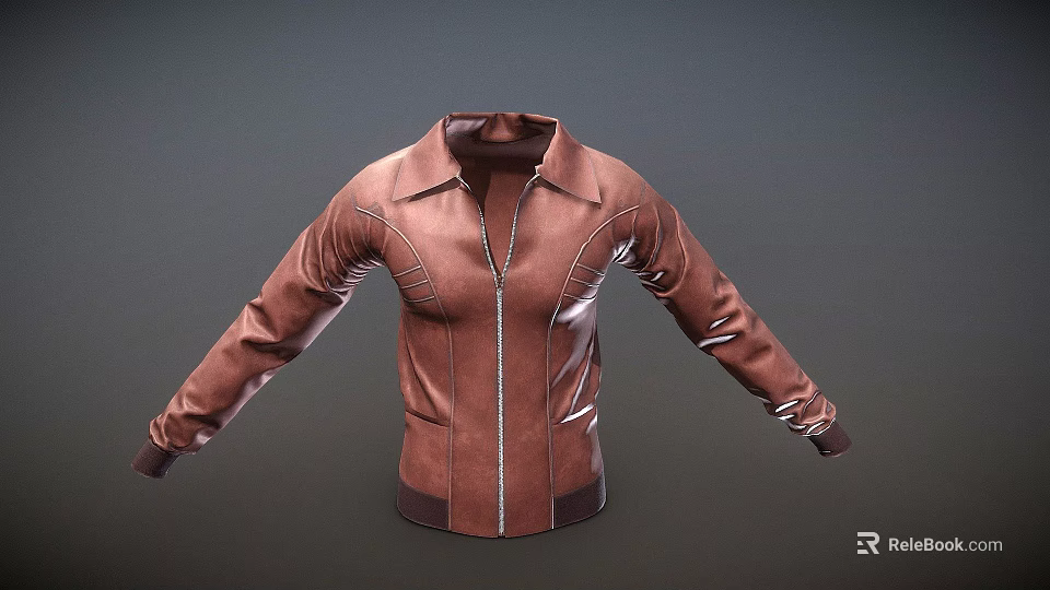 Brown Leather Jacket With Zipper Front Collar Design And Stitch Details 3d model 