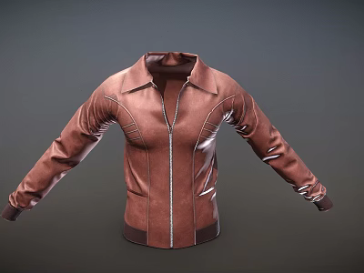 Brown Leather Jacket With Zipper Front Collar Design And Stitch Details 3d model