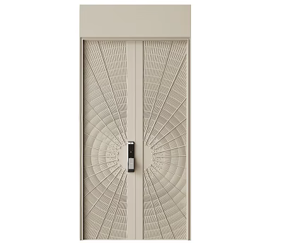 Elegant Modern Double Doors With Beige Finish And Symmetrical Radial Grid Design 3d model