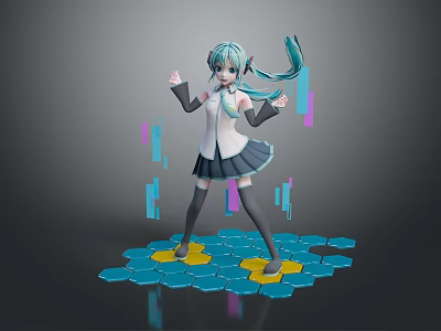 Child With Teal Twin Tails In School Uniform Standing On Hexagonal Platform With Colorful Blocks 3d model