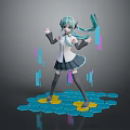 Child With Teal Twin Tails In School Uniform Standing On Hexagonal Platform With Colorful Blocks