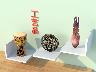 Artisanal Decorative Ornaments Set With Drum Mask Sculpture On White Shelves And Wooden Tabletop 3d model