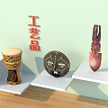 Artisanal Decorative Ornaments Set With Drum Mask Sculpture On White Shelves And Wooden Tabletop