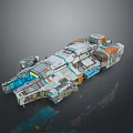 Futuristic Sci-Fi Spaceship with Metallic Exterior and Colorful Modular Sections and Glowing Blue Accent Parts