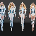 Four Women Models Wearing Futuristic White Blue Outfits With Sleek Modern Design