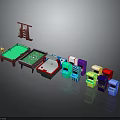 Various Entertainment Equipment Including Pool Table Foosball Table Game Consoles And Colorful Chairs