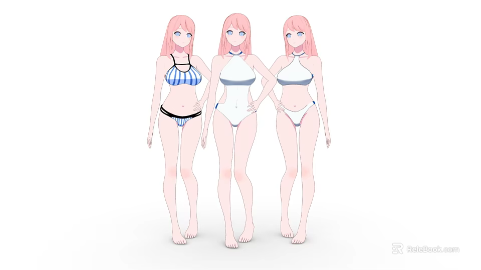 Three Anime Game And Movie Characters With Pink Hair In Swimwear Standing Together 3d model 