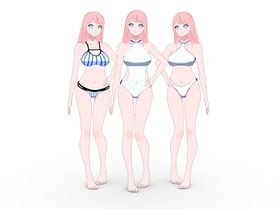 Three Anime Game And Movie Characters With Pink Hair In Swimwear Standing Together 3d model