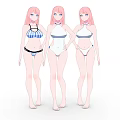 Three Anime Game And Movie Characters With Pink Hair In Swimwear Standing Together