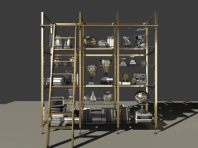 Golden Frame Decorative Cabinet With Multiple Shelves Displaying Vases Sculptures And Books 3d model