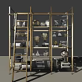 Golden Frame Decorative Cabinet With Multiple Shelves Displaying Vases Sculptures And Books