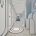 Modern Public Restroom Corridor With Circular Patterns 3d model