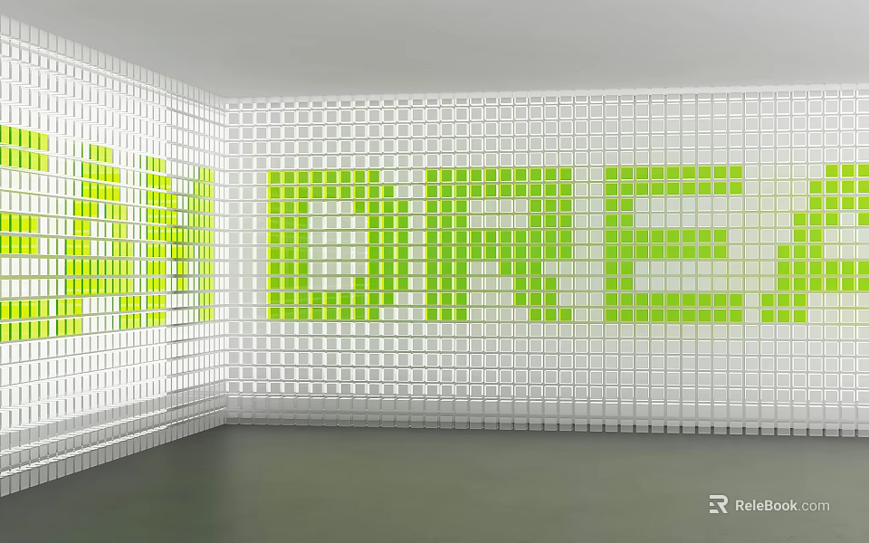 White Grid Patterned Background Wall with Green Letters for Modern Interior Design 3d model 