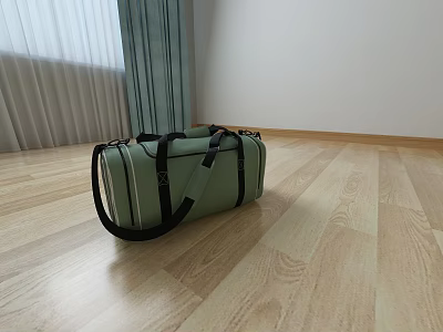 Green Duffel Bag with Black Straps on Wooden Floor in Room Interior 3d model