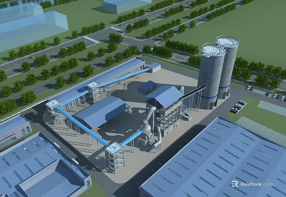 Industrial Factory Complex With Large Silos Surrounding Trees Access Roads And Production Facilities 3d model 