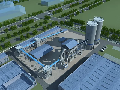 Industrial Factory Complex With Large Silos Surrounding Trees Access Roads And Production Facilities 3d model