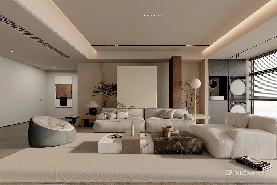 Modern Living Room Interior With Beige Sofa Coffee Table And Neutral Colored Rug 3d model 