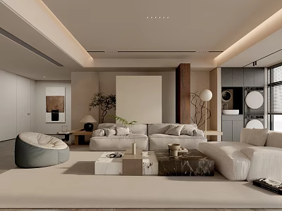 Modern Living Room Interior With Beige Sofa Coffee Table And Neutral Colored Rug 3d model