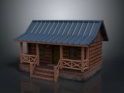 Log Cabin With Blue Corrugated Metal Roof Wooden Porch Railing And Steps 3d model