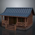 Log Cabin With Blue Corrugated Metal Roof Wooden Porch Railing And Steps