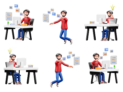 Cartoon Character Decorative Figurine Set For Office Desk With File Mail And Bulb Icons 3d model