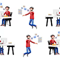 Cartoon Character Decorative Figurine Set For Office Desk With File Mail And Bulb Icons