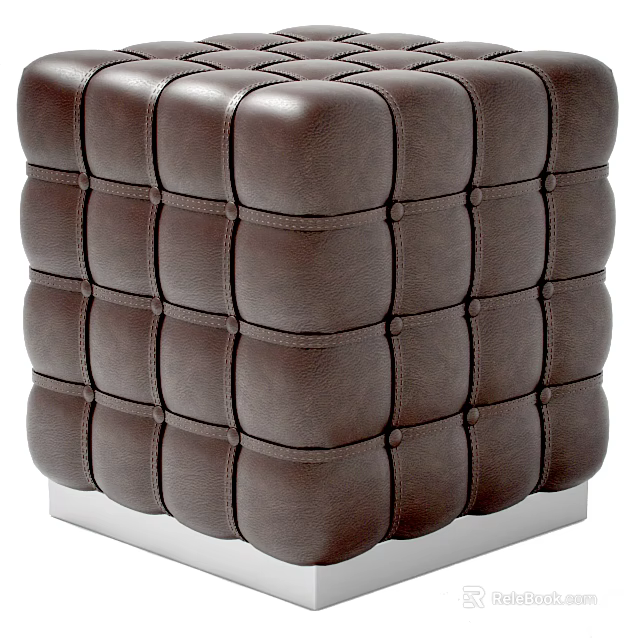 Modern Brown Leather Cube Ottoman With Quilted Stitching And Metal Base 3d model 
