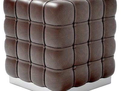 Modern Brown Leather Cube Ottoman With Quilted Stitching And Metal Base 3d model