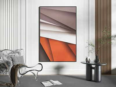 Abstract Geometric Painting In Modern Living Room Interior With Lounge Chair Side Table And Plant 3d model