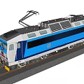 Blue And White Electric Train Model On Railway Track With Detailed Design