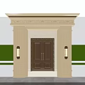 Classic Entrance Gate Featuring Wooden Door Stone Frame And Wall Lamps