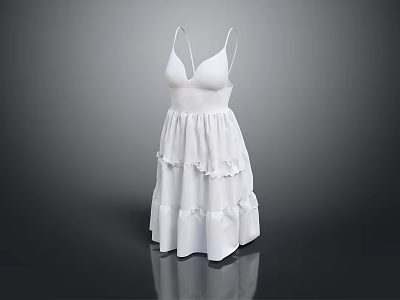 Elegant White Spaghetti Strap Dress With Layered Ruffled Skirt Design Details 3d model