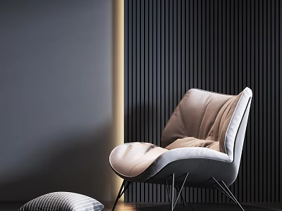 Modern Cream Single Sofa With Dark Vertical Striped Wall Striped Pillow And Dark Wooden Floor 3d model