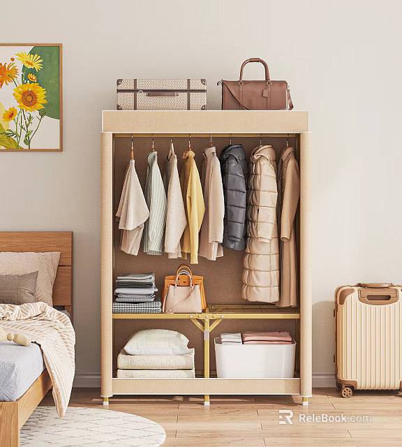 Modern Wardrobe Interior with Hanging Clothes Folded Items and Top Suitcase Storage 3d model 